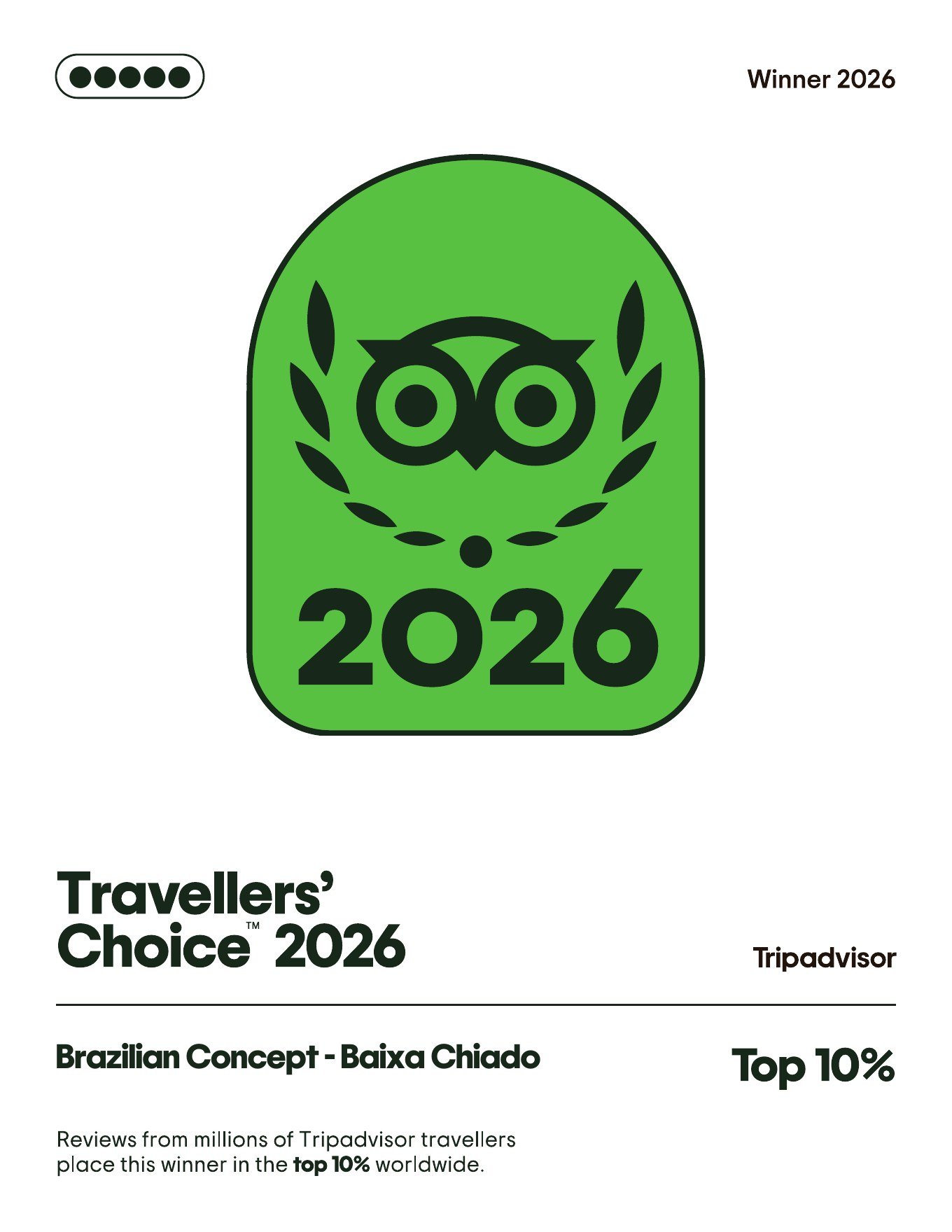 Certificado Tripadvisor Travellers' Choice 2026 — Brazilian Concept Baixa Chiado, Top 10%